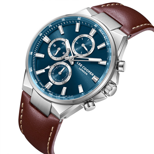 Lee Cooper Men's Multifunction Watch with Dark Blue Dial and Dark Brown Leather Band, LC08223.392