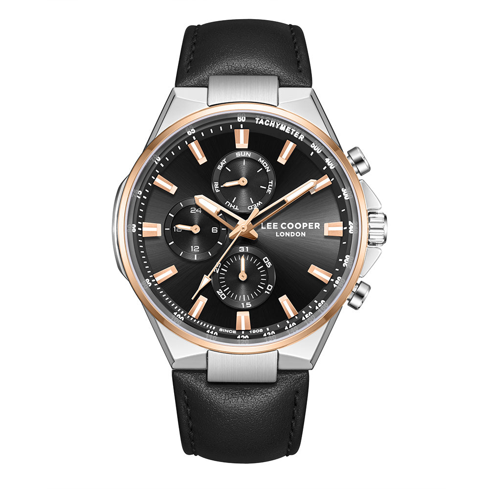 Lee Cooper Men's Multifunction Watch with Black Dial and Black Leather Band, LC08223.551
