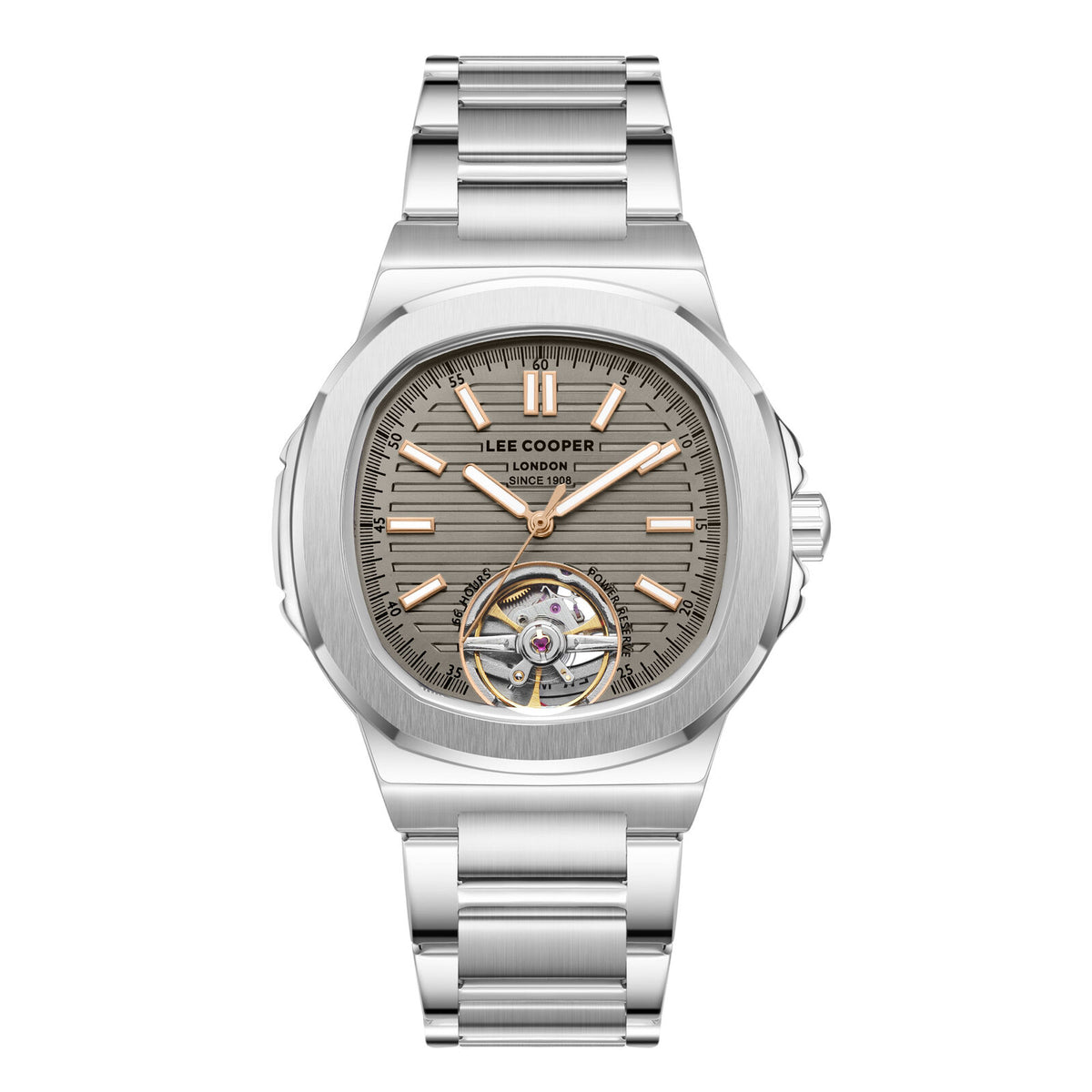 Lee Cooper Men's Automatic Skeleton Watch Beige Dial With Silver Metal Band,LC08227.360