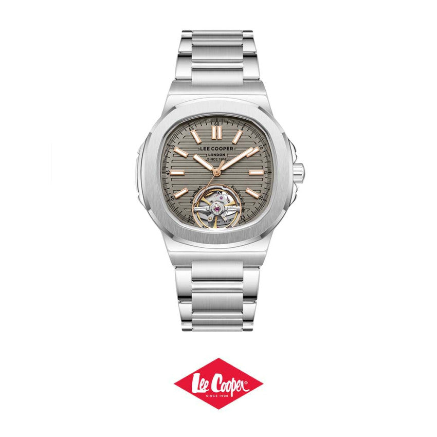 Lee Cooper Men's Automatic Skeleton Watch Beige Dial With Silver Metal Band,LC08227.360