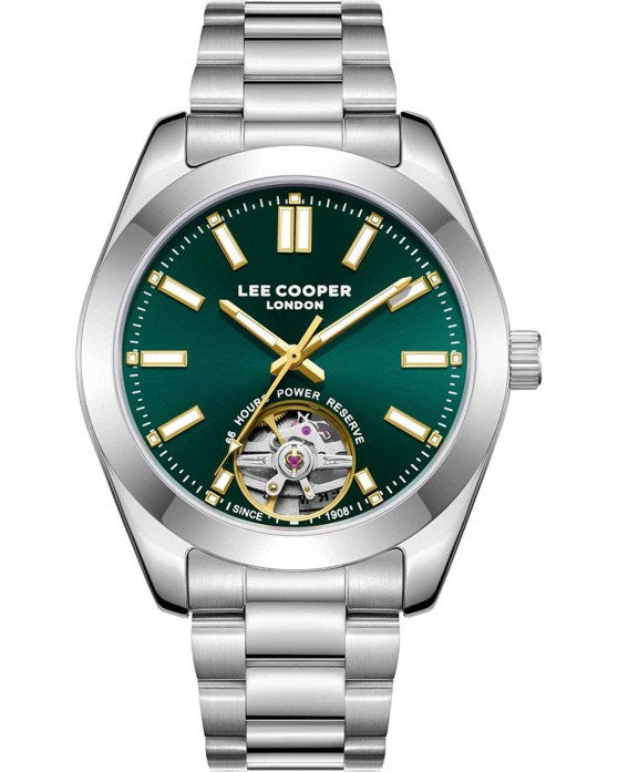 Lee Cooper Men's Automatic Skeleton Watch Dark Green Dial with Silver Metal Band,LC08228.370