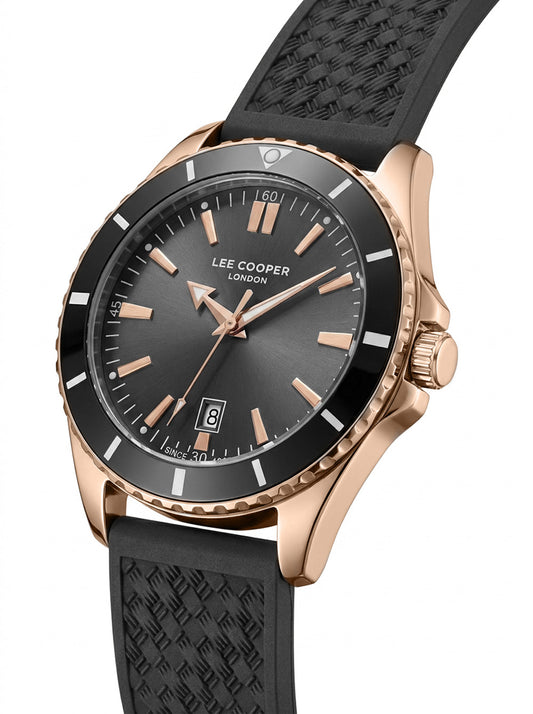 Lee Cooper Men's Date Analog Watch with Black Dial and Black Silicone Band, LC08257.451