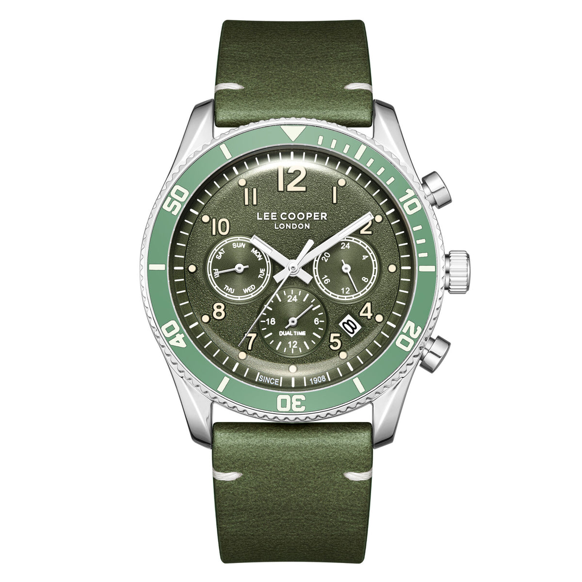 Lee Cooper Men's  Multifunction Watch Green Dial With Green Leather Strap,LC08260.375
