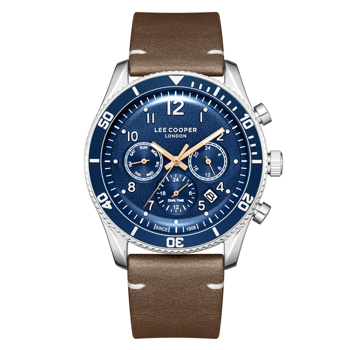 Lee Cooper Men's  Multifunction Watch Dark Blue Dial With Brown Leather Strap,LC08260.394