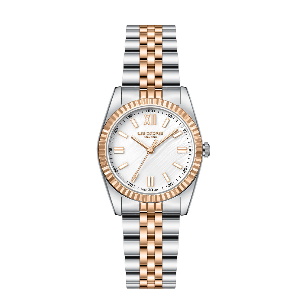 Lee Cooper Women's Analog Watch with White Mother Of Pearl Dial and Silver/Rose Gold Stainless Steel Band, LC08303.520