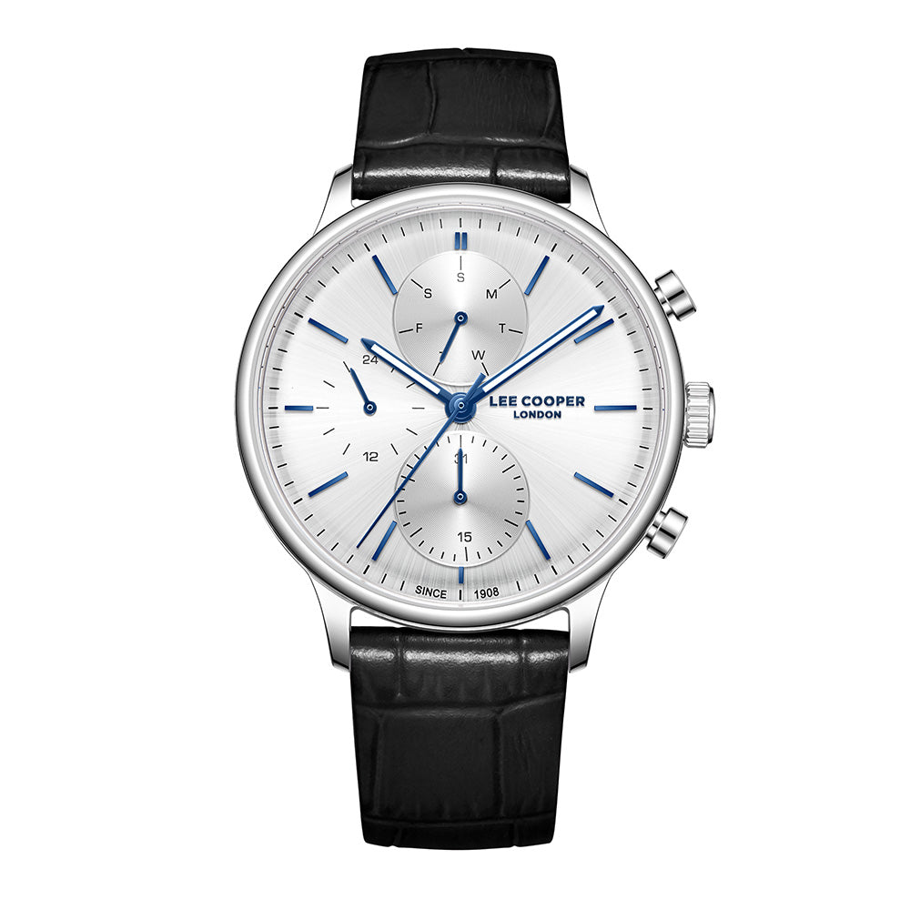 Lee Cooper Men's Multifunction Watch with Silver Dial and Black Leather Band, LC08333.331