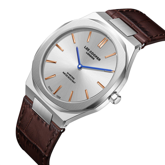 Lee Cooper Men's Analog Watch with Silver Dial and Dark Brown Leather Band, LC08336.332