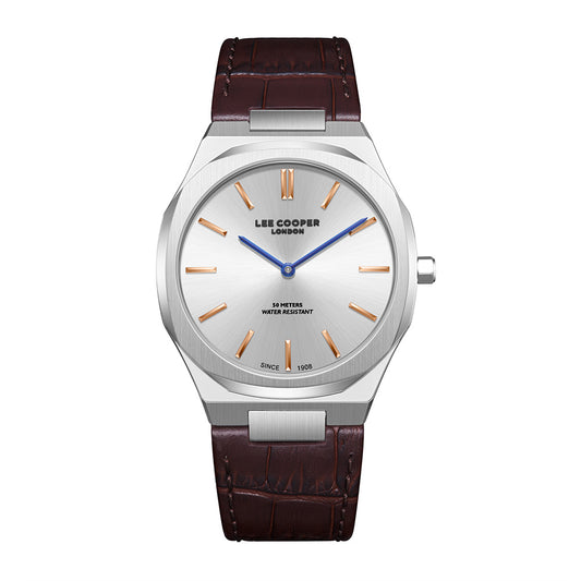 Lee Cooper Men's Analog Watch with Silver Dial and Dark Brown Leather Band, LC08336.332