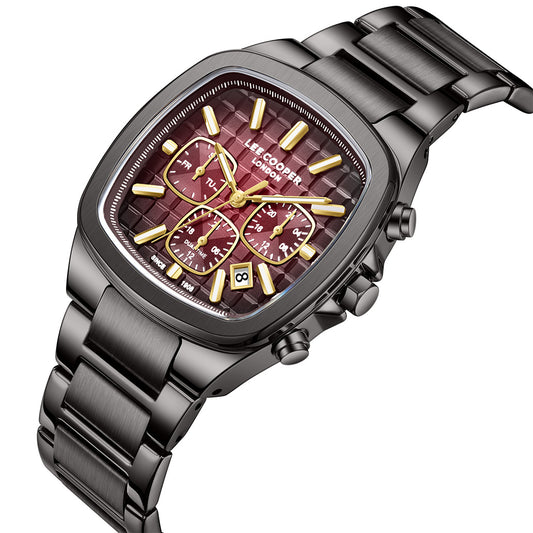 Lee Cooper Men's Multifunction Watch with Red To Black Dial and Gunmetal Stainless Steel Band, LC08339.080