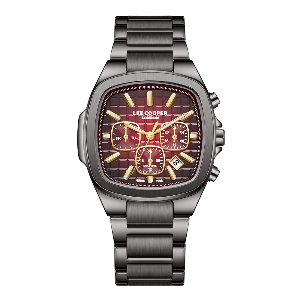Lee Cooper Men's Multifunction Watch with Red To Black Dial and Gunmetal Stainless Steel Band, LC08339.080