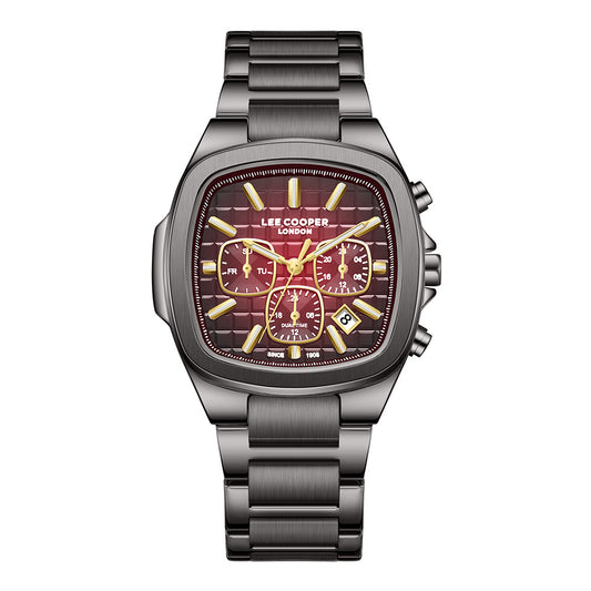 Lee Cooper Men's Multifunction Watch with Red To Black Dial and Gunmetal Stainless Steel Band, LC08339.080