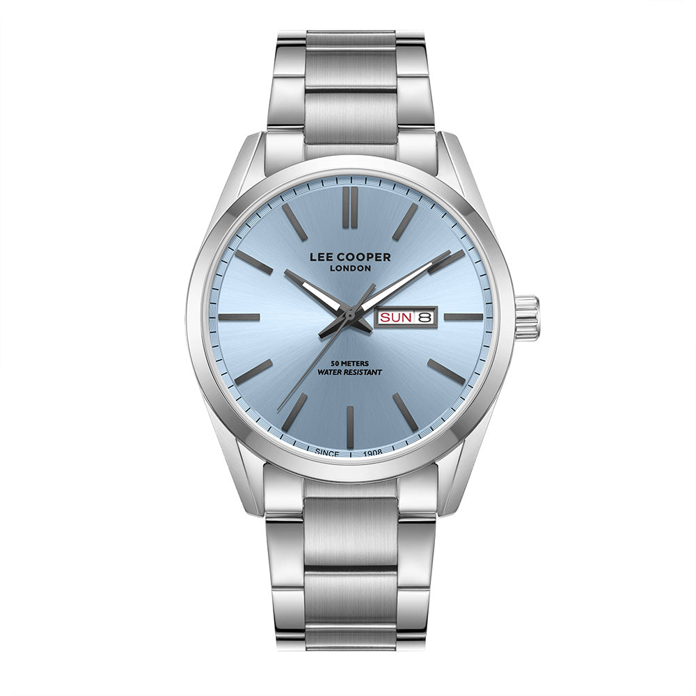 Lee Cooper Men's Date Analog Watch with Blue Dial and Stainless Steel Band, LC08340.300