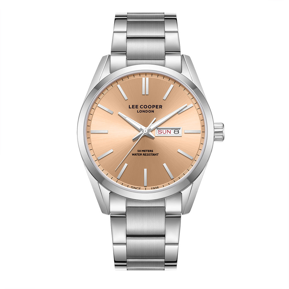 Lee Cooper Men's Date Analog Watch with Rose Gold Dial and Stainless Steel Band, LC08340.301