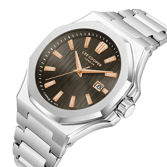 Lee Cooper Men's Date Analog Watch with Brown Dial and Stainless Steel Band, LC08343.340