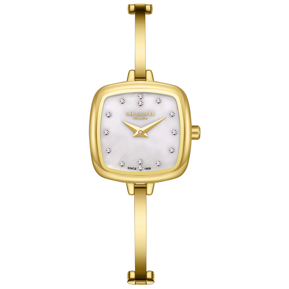 Lee Cooper Women's Analog Watch with White Mother Of Pearl Dial and Gold Stainless Steel Band, LC08353.120