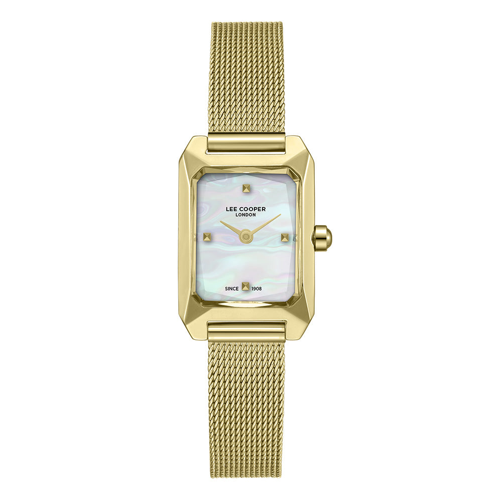 Lee Cooper Women's Analog Watch with White Mother Of Pearl Dial and Gold Mesh Band, LC08359.120