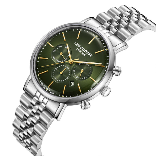 Lee Cooper Men's Multifunction Watch with Green Dial and Stainless Steel Band, LC08372.370