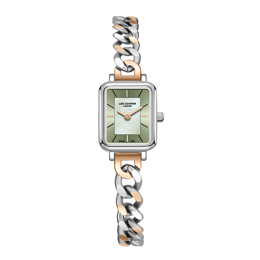 Lee Cooper Women's Analog Watch with Light Green Dial and Silver/Rose Gold Stainless Steel Band, LC08384.500