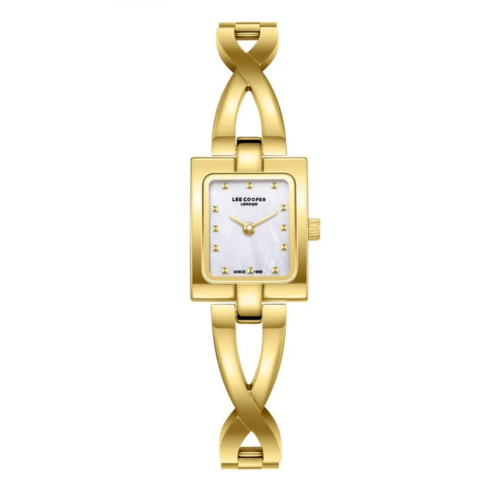 Lee Cooper Women's Analog Watch with White Mother Of Pearl Dial and Gold Stainless Steel Band, LC08385.120