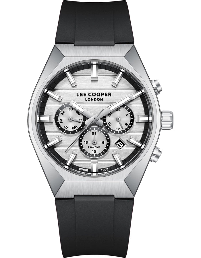 Lee Cooper Men's Multifunction Watch with Silver Dial and Black Silicone Band, LC08388.331