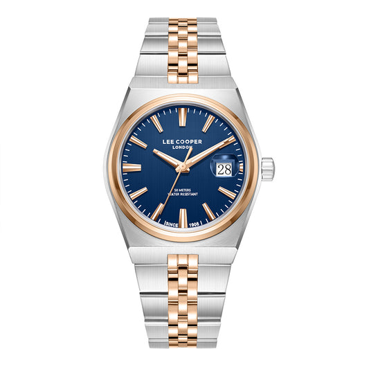 Lee Cooper Men's Date Analog Watch with Blue Dial and Silver/Rose Gold Stainless Steel Band, LC08397.290