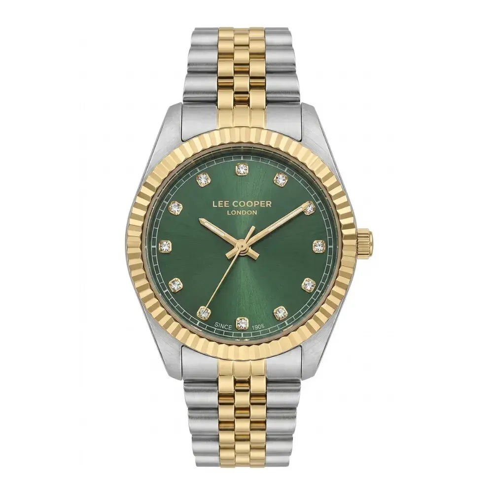 Lee Cooper Women's Analog Watch with Green Dial and Silver/Gold Stainless Steel Band, LC08400.270