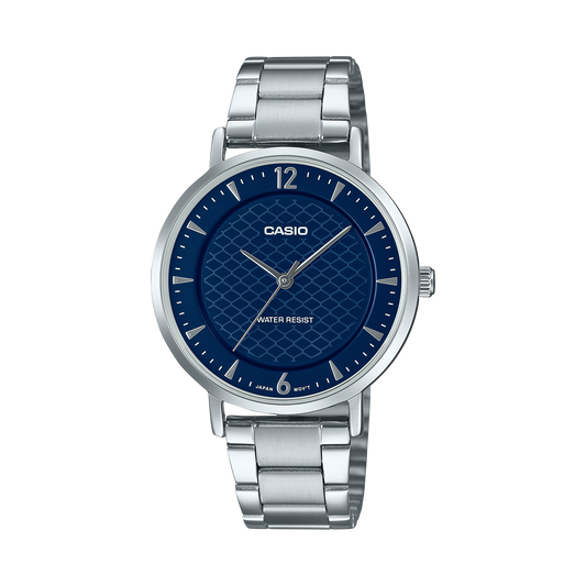 Casio men analog watch, blue dial with silver stainless steel band, model CS-LTP-VT04D-2ADF, Bahrain