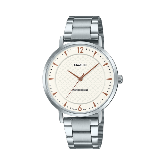 Casio men analog watch, white dial with silver stainless steel band, model CS-LTP-VT04D-7ADF, Bahrain