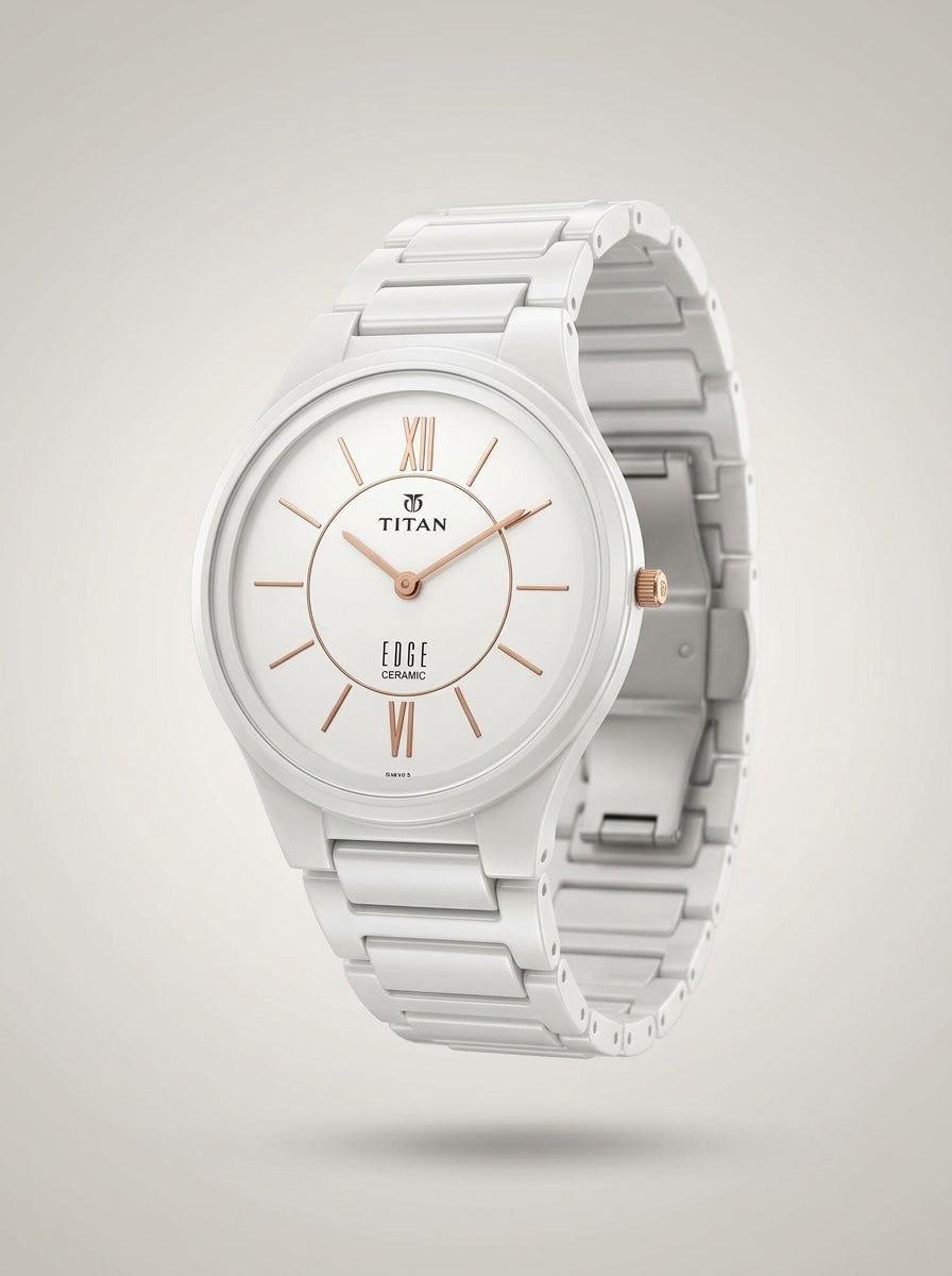 Titan Edge Ceramic Quartz Analog Men's Watch with White Dial and White Strap, 1696QC04
