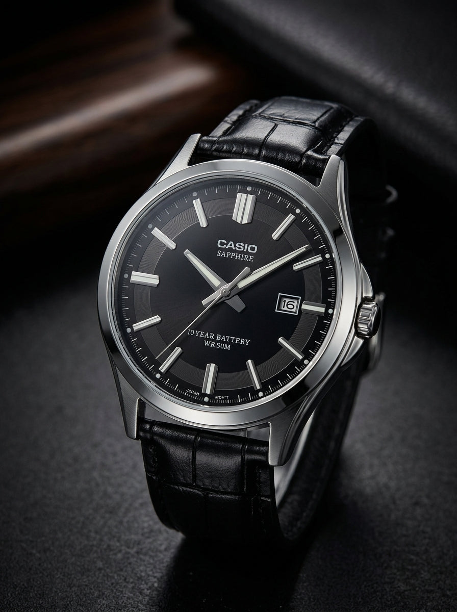 Casio, Men's Watch Analog, Black Dial Black Leather Band, MTS-100L-1AVDF product image