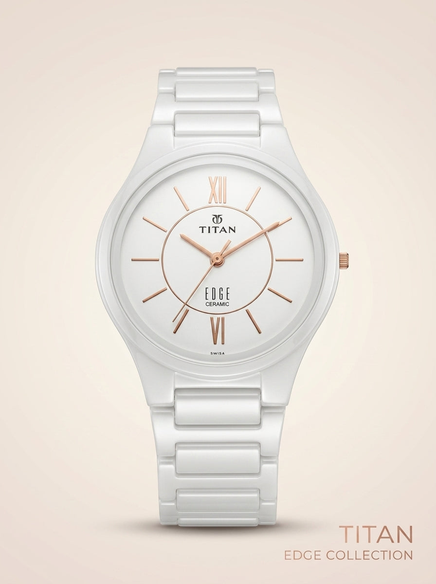 Titan Edge Ceramic Quartz Analog Men's Watch with White Dial and White Strap, 1696QC04