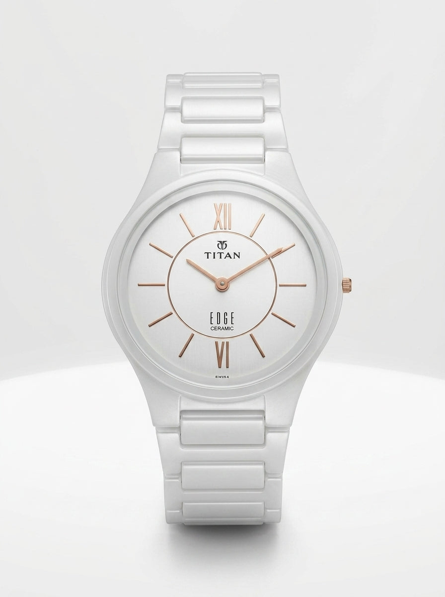 Titan Edge Ceramic Quartz Analog Men's Watch with White Dial and White Strap, 1696QC04