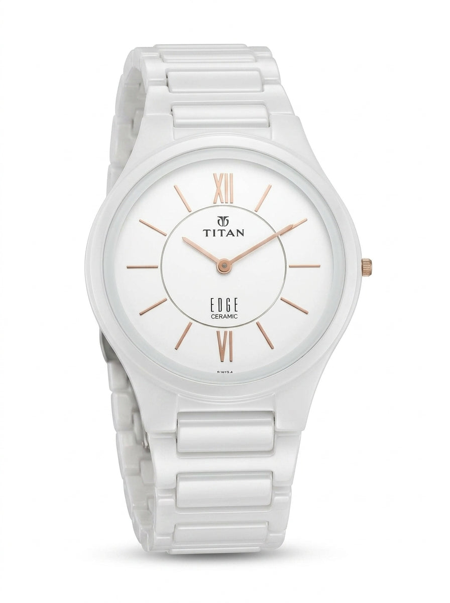 Titan Edge Ceramic Quartz Analog Men's Watch with White Dial and White Strap, 1696QC04
