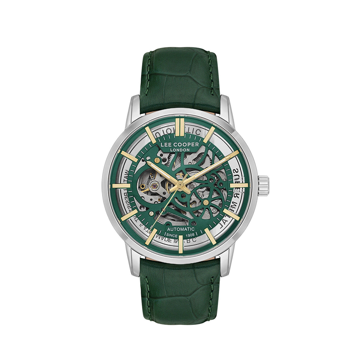 Lee Cooper Men's Automatic Watches Analog Green Dial with Green Leather Strap, LC08035.377