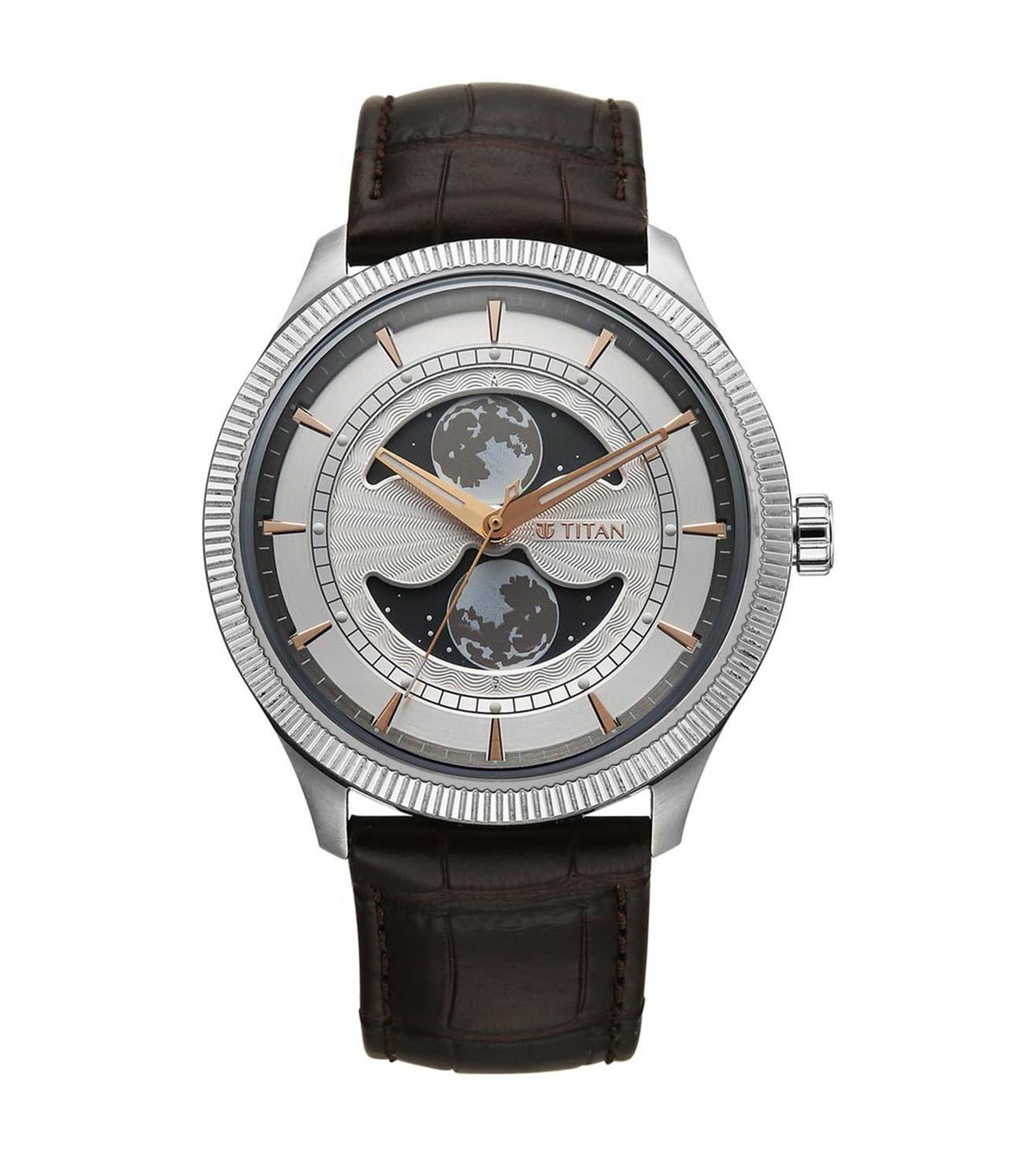 Titan Stellar Analog Men's Watch with Dual Moon Phase and Silver Dial and Brown Leather Strap, 10050SL01