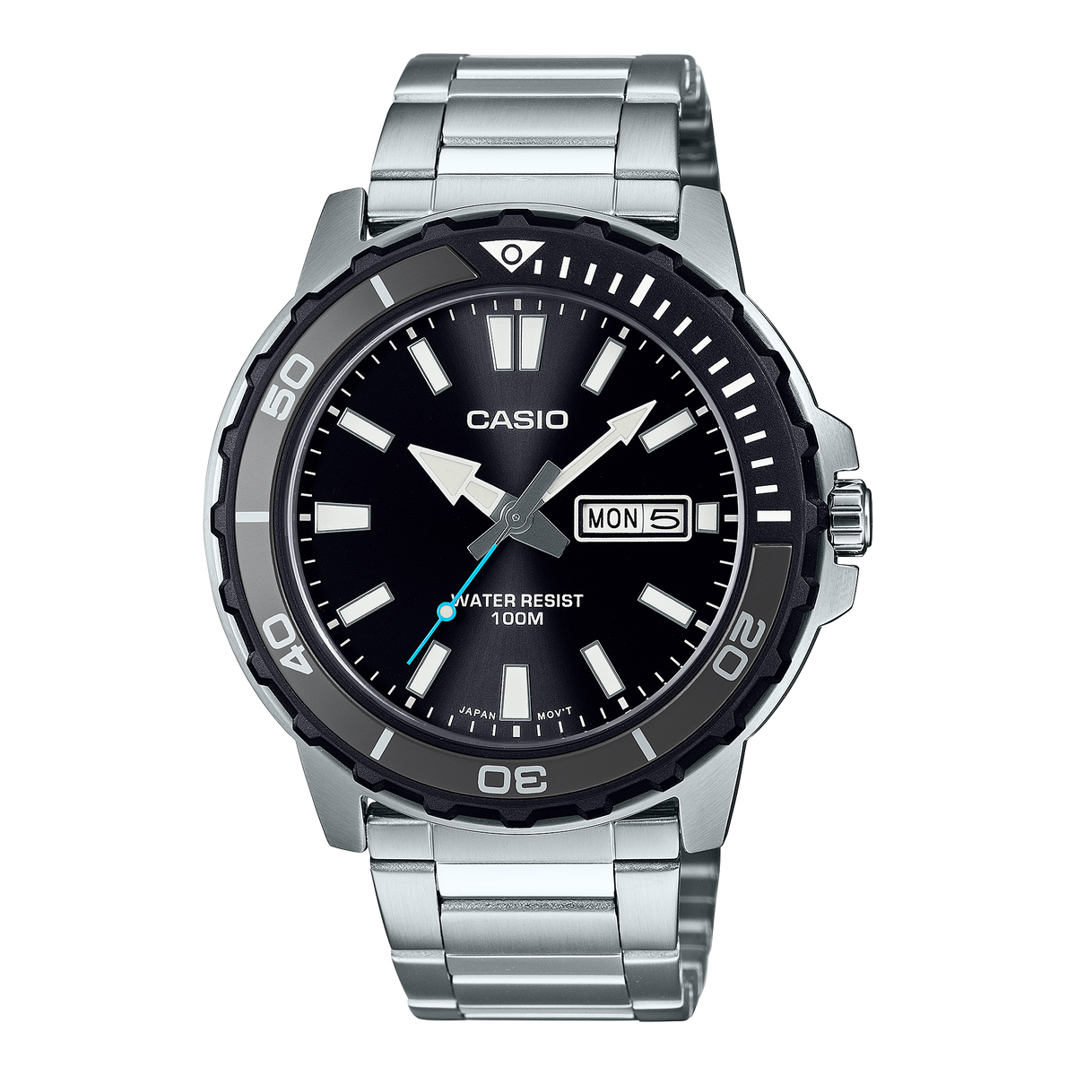Casio Men's Watch Analog Black Dial with Silver Stainless Steel Band, MTD-125D-1A3VDF