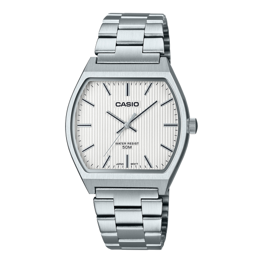 Casio men analog watch, white dial with silver stainless steel band, model CS-MTP-B140D-7AVDF, Bahrain