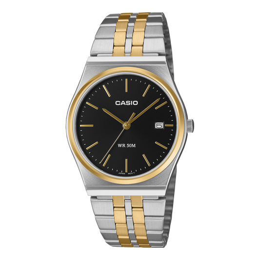 Casio Men's Analog Watch, Black Dial With Silver & Gold Stainless Steel Band, MTP-B145SG-1AVDF | Kewalrams Bahrain