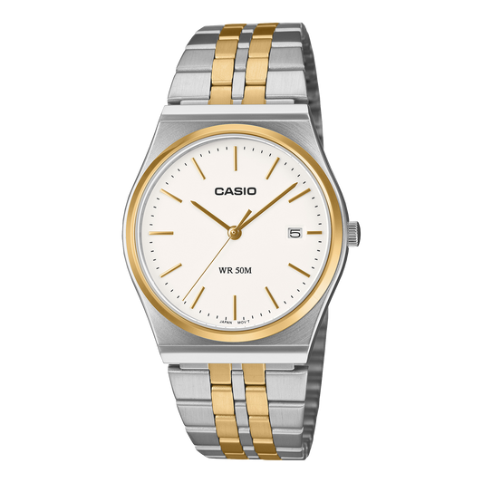 Casio Men's Analog Watch, White Dial With Silver & Gold Stainless Steel Band, MTP-B145SG-7AVDF | Kewalrams Bahrain