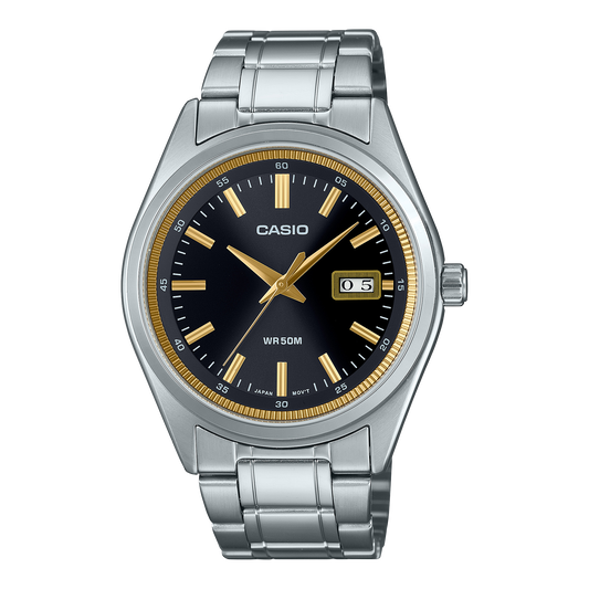 Casio men analog watch, black dial with silver stainless steel band, model CS-MTP-B180D-1A2VDF, Bahrain