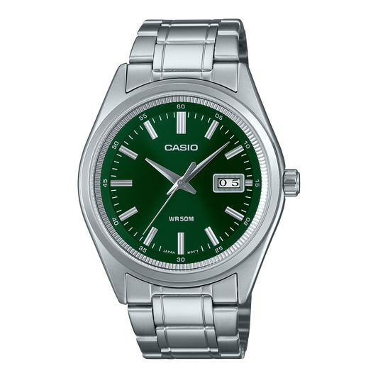 Casio men analog watch, green dial with silver stainless steel band, model CS-MTP-B180D-3AVDF, Bahrain