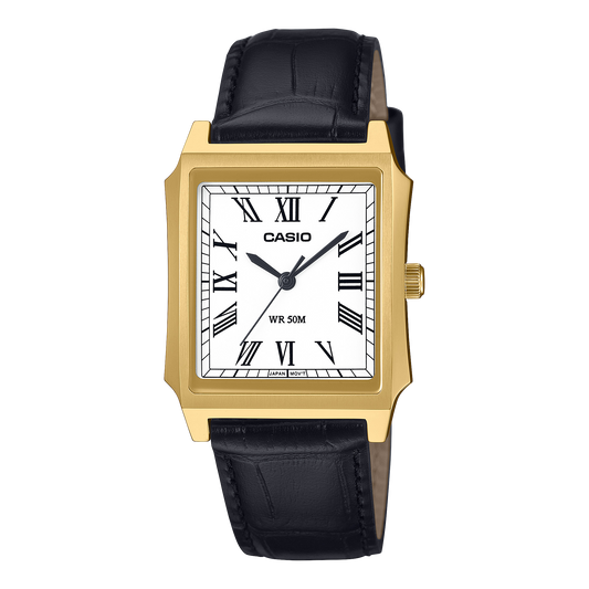 Casio men analog watch, white dial with leather strap, model CS-MTP-B190GL-7BVDF, Bahrain
