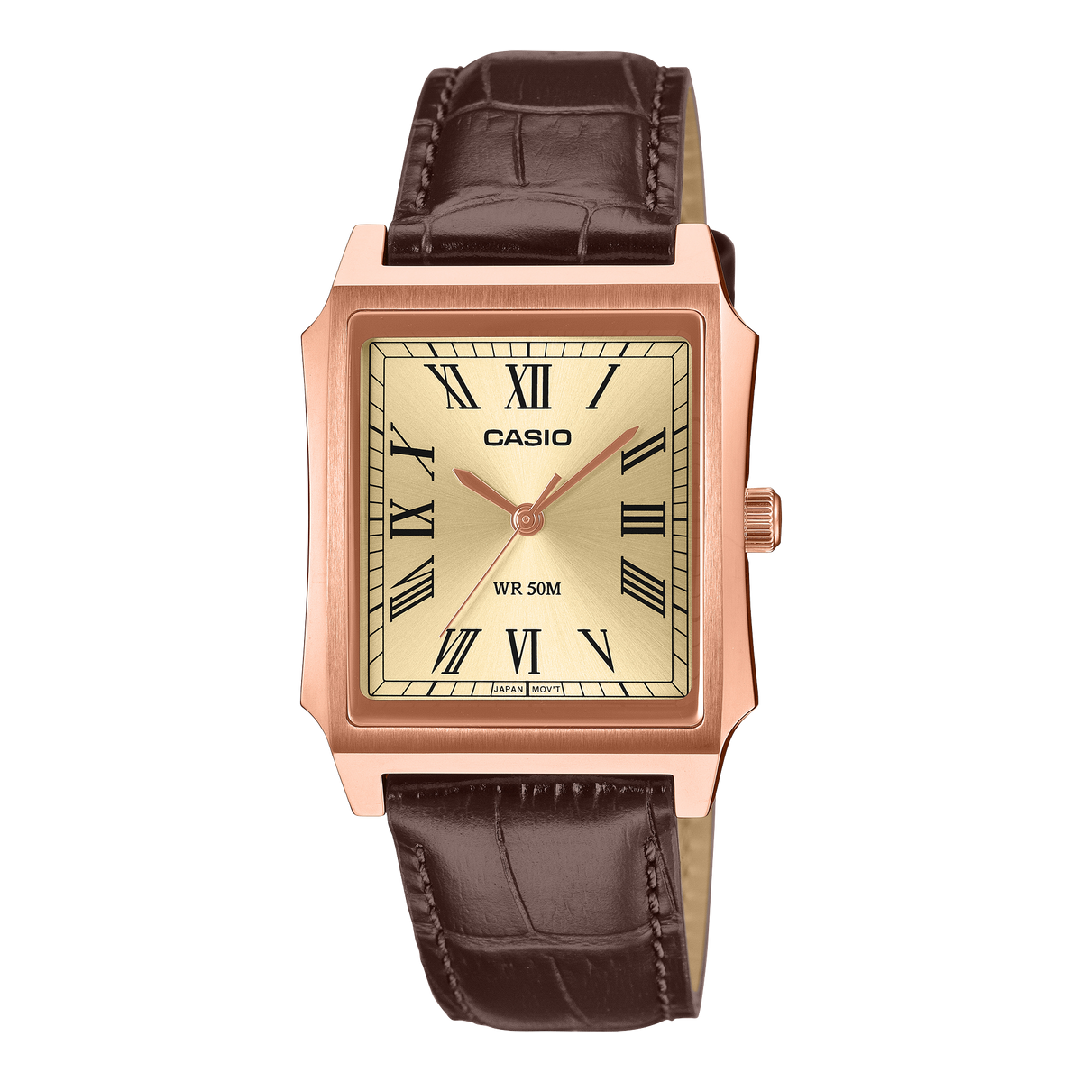 Casio Men's Analog Watch, Champagne Dial With Brown Genuine Leather Band, MTP-B190RGL-9BVDF | Kewalrams Bahrain