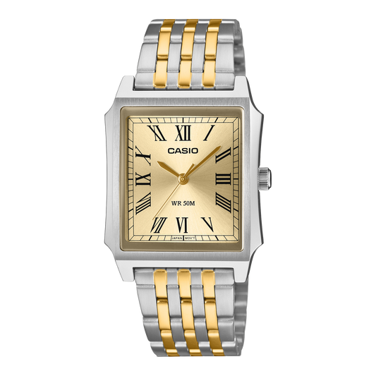 Casio Men's Analog Watch, Champagne Dial With Silver & Gold Stainless Steel Band, MTP-B190SG-9BVDF | Kewalrams Bahrain