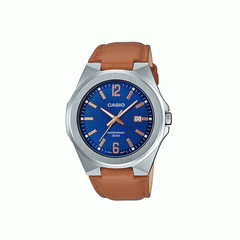 Casio,Men's Watch Analog, Blue Dial Brown Leather Band, MTP-E158L-2AVDF