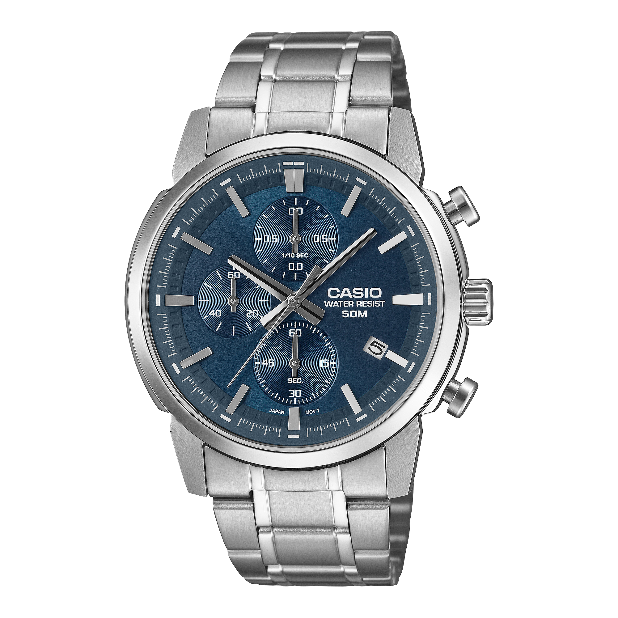 Casio Men's Chronograph Analog Watch, Blue Dial With Silver Stainless Steel Band, MTP-E510D-2A2VDF | Kewalrams Bahrain