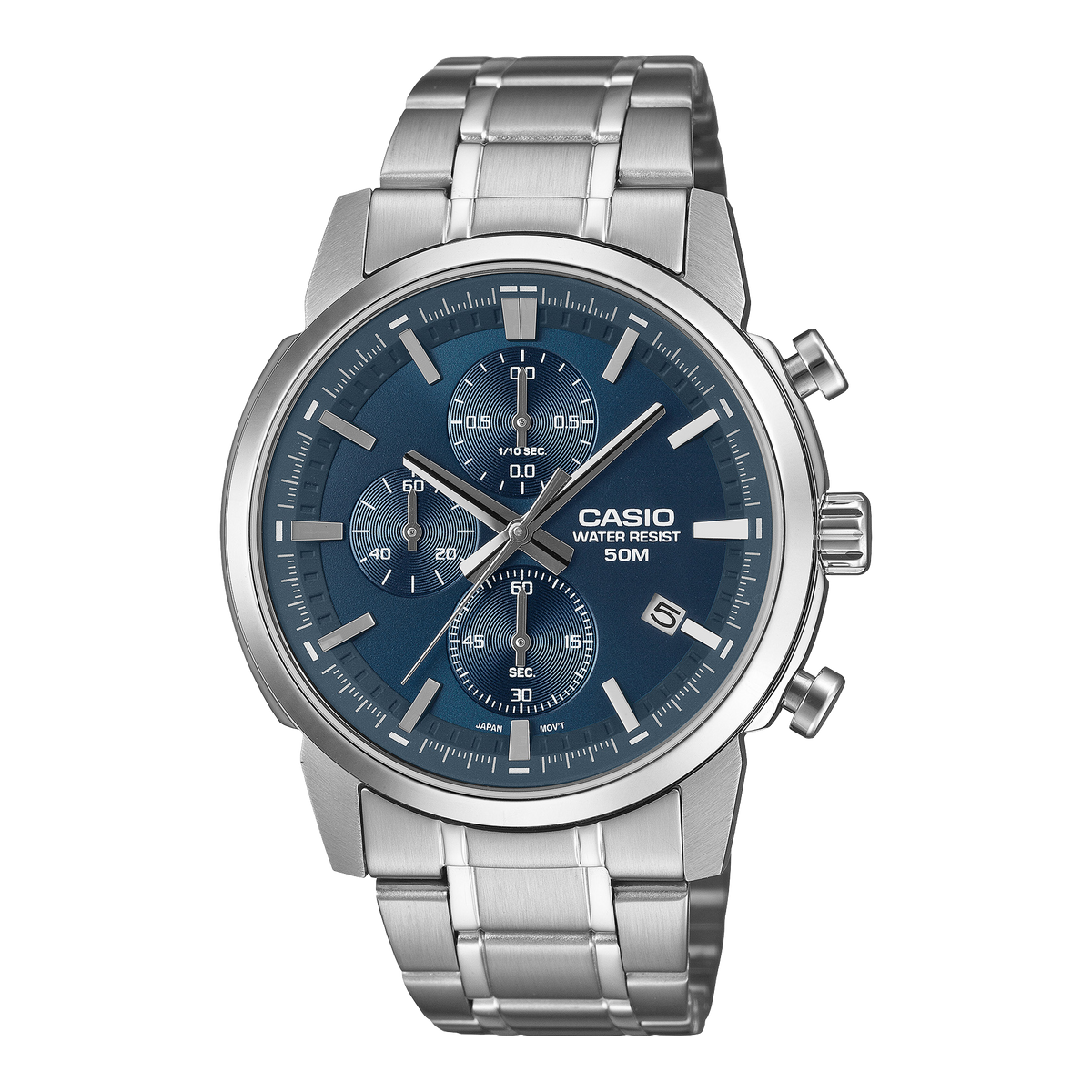 Casio Men's Chronograph Analog Watch, Blue Dial With Silver Stainless Steel Band, MTP-E510D-2A2VDF | Kewalrams Bahrain