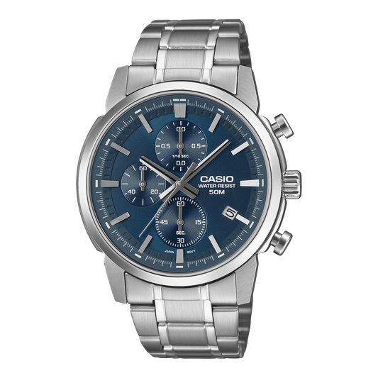 Casio Men's Chronograph Analog Watch, Blue Dial With Silver Stainless Steel Band, MTP-E510D-2A2VDF | Kewalrams Bahrain