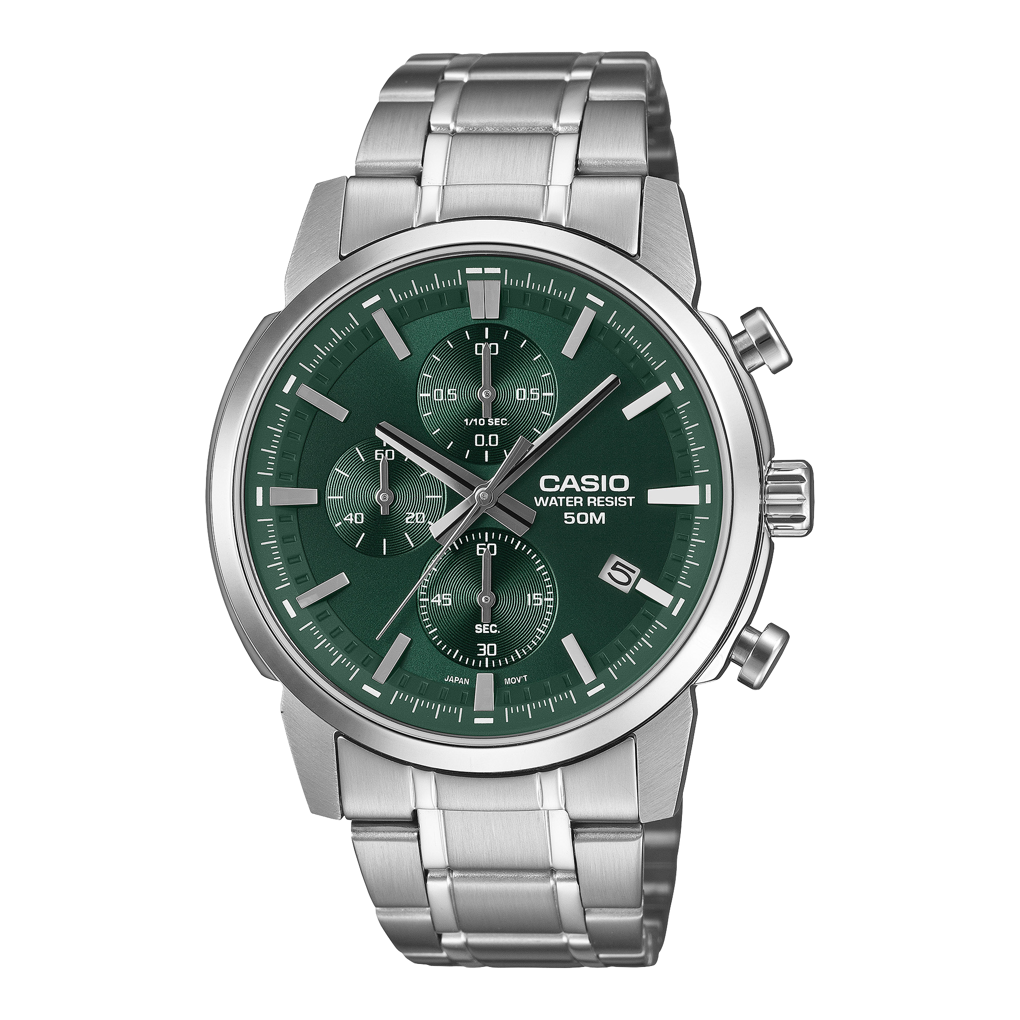Casio Men's Chronograph Analog Watch, Green Dial With Silver Stainless Steel Band, MTP-E510D-3AVDF | Kewalrams Bahrain