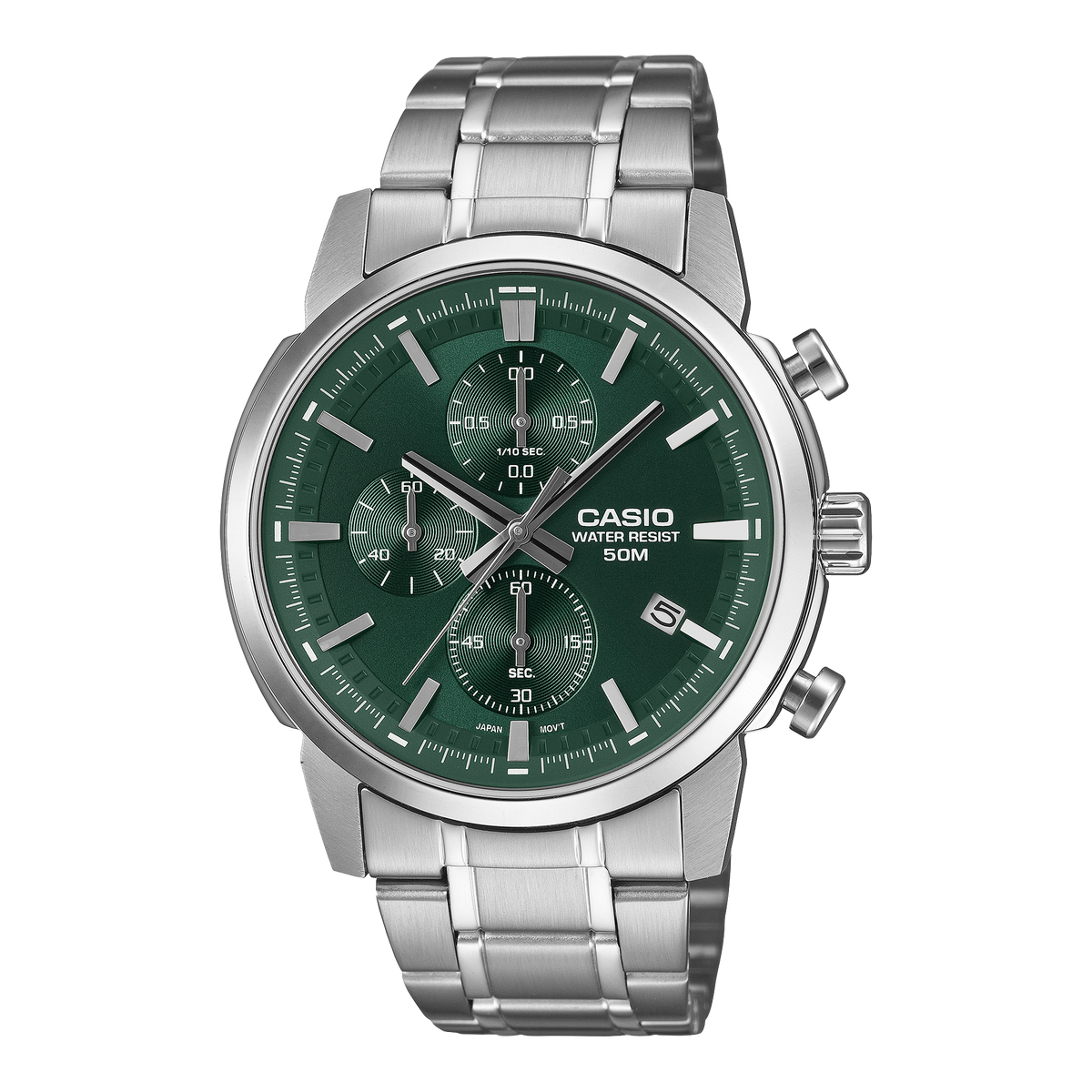 Casio Men's Chronograph Analog Watch, Green Dial With Silver Stainless Steel Band, MTP-E510D-3AVDF | Kewalrams Bahrain